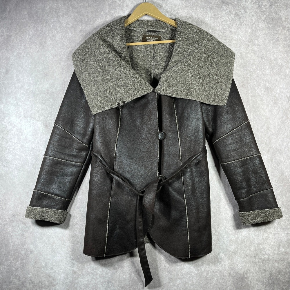 Julia S. Roma Jacket Womens Size 36 Brown Faux Leather Merino Fur Penny Lane Y2K